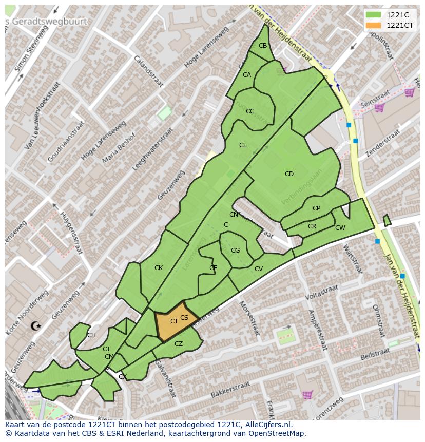 Afbeelding van het postcodegebied 1221 CT op de kaart.