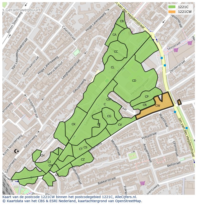 Afbeelding van het postcodegebied 1221 CW op de kaart.