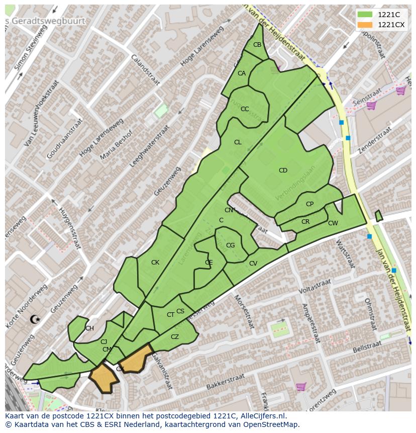Afbeelding van het postcodegebied 1221 CX op de kaart.