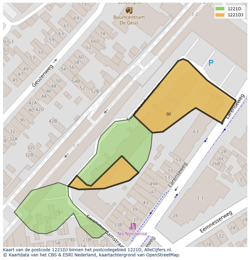 Afbeelding van het postcodegebied 1221 DJ op de kaart.