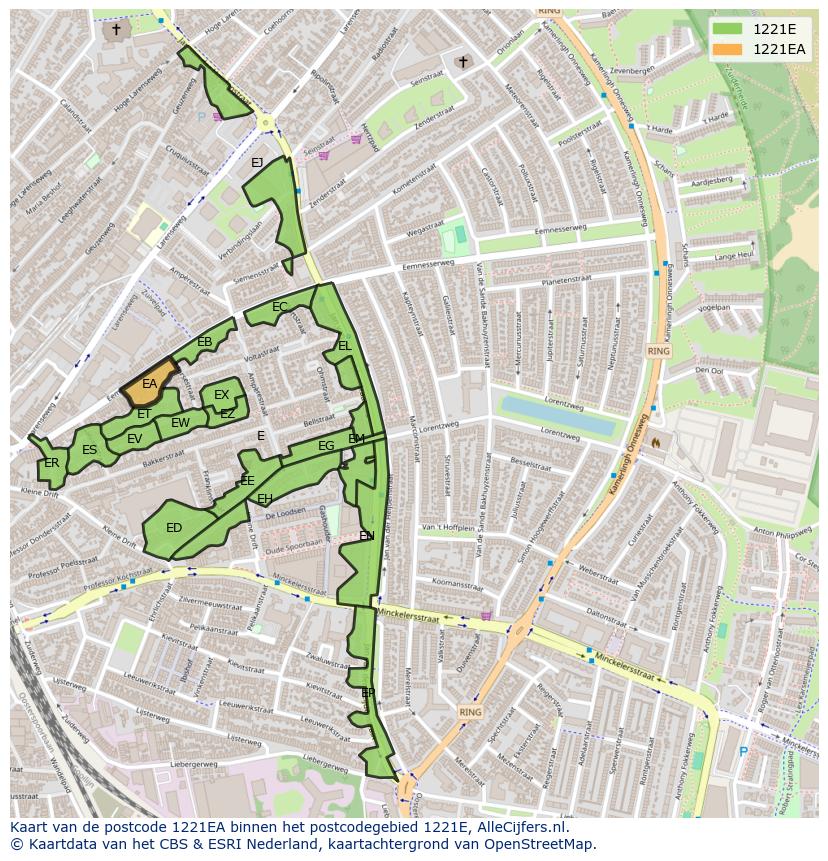 Afbeelding van het postcodegebied 1221 EA op de kaart.