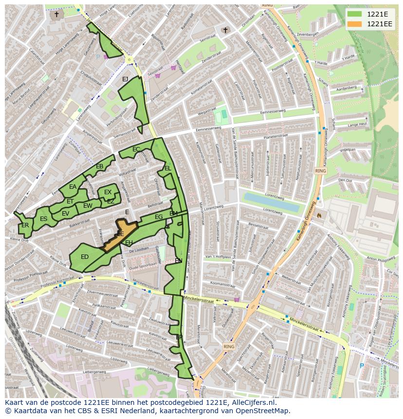 Afbeelding van het postcodegebied 1221 EE op de kaart.