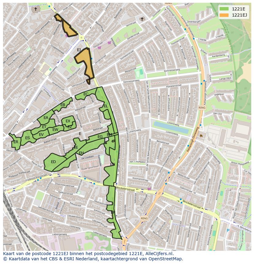 Afbeelding van het postcodegebied 1221 EJ op de kaart.