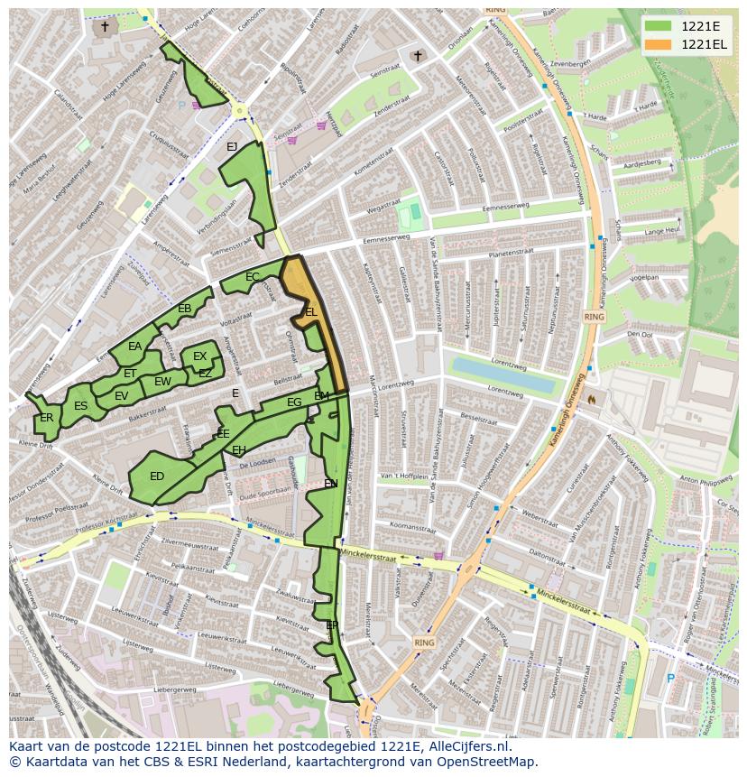 Afbeelding van het postcodegebied 1221 EL op de kaart.