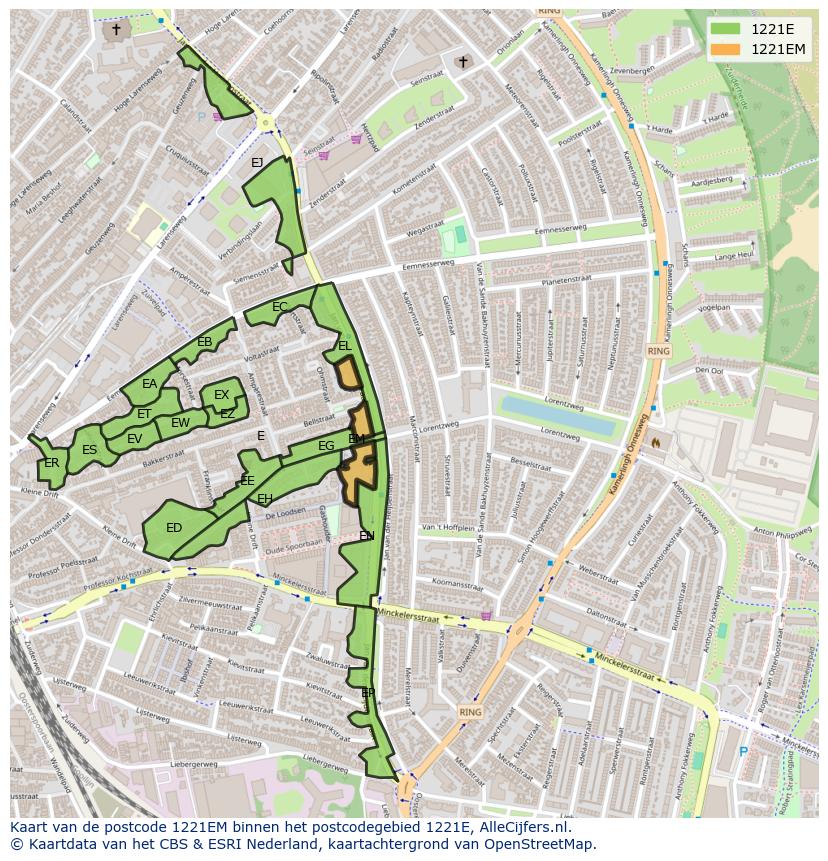 Afbeelding van het postcodegebied 1221 EM op de kaart.