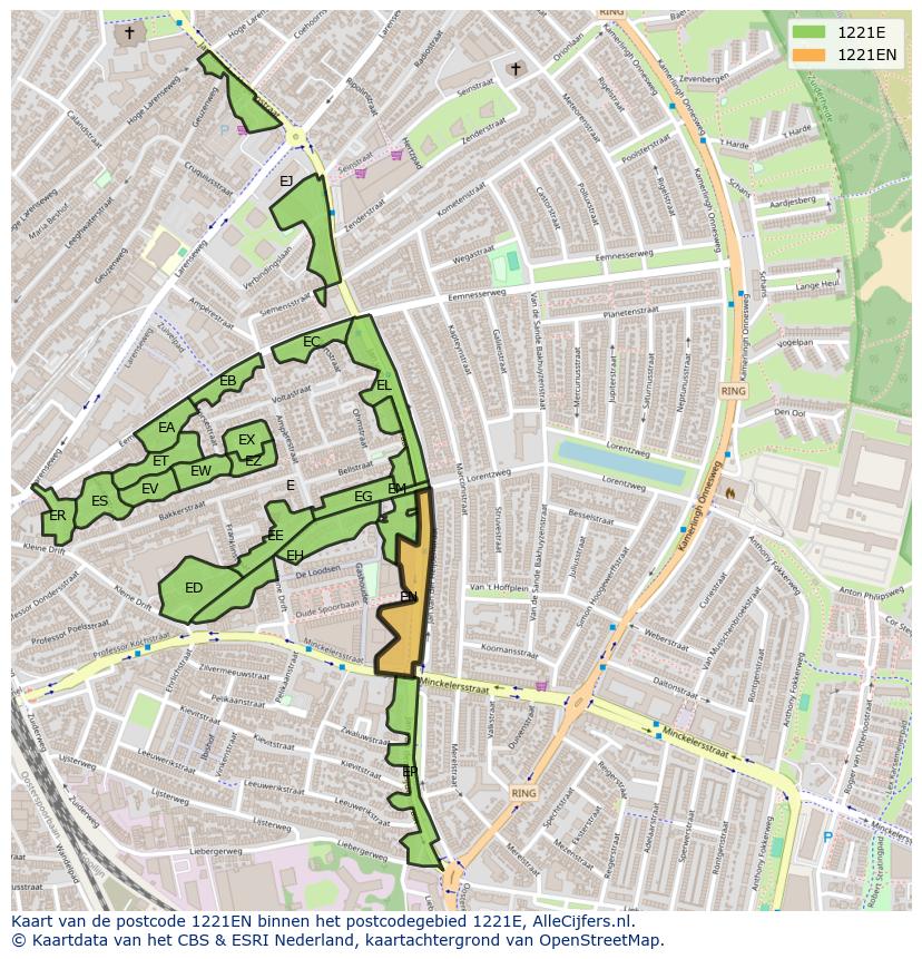 Afbeelding van het postcodegebied 1221 EN op de kaart.
