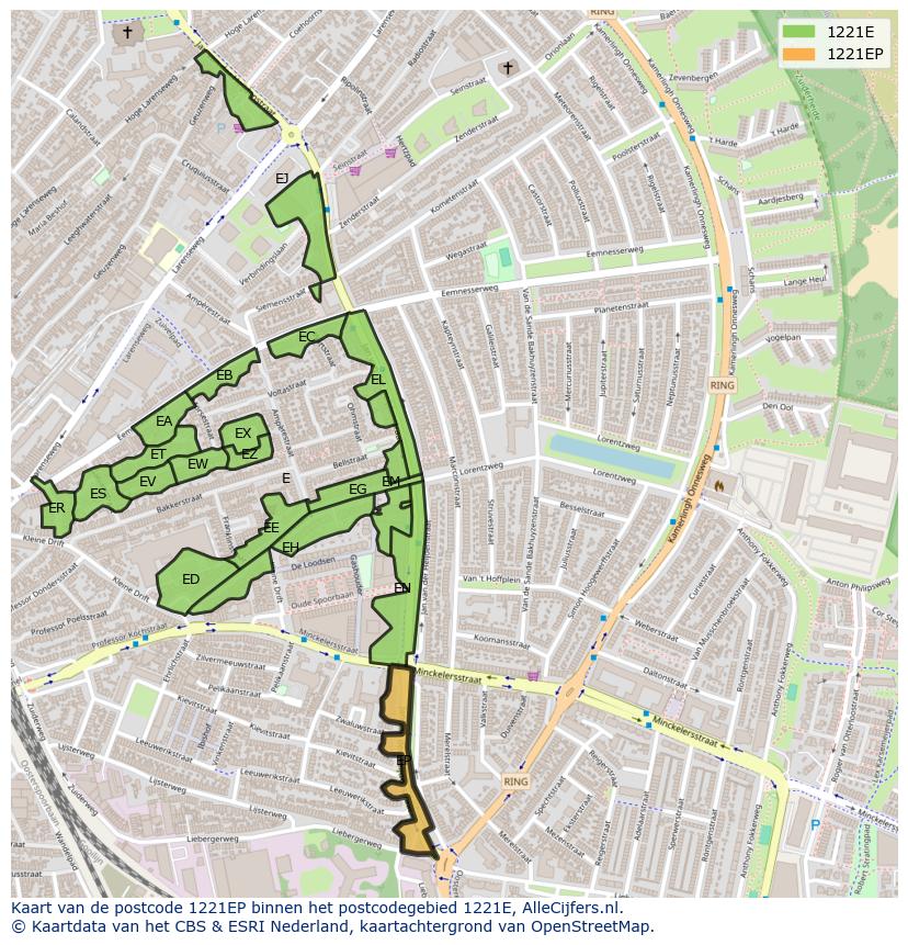 Afbeelding van het postcodegebied 1221 EP op de kaart.