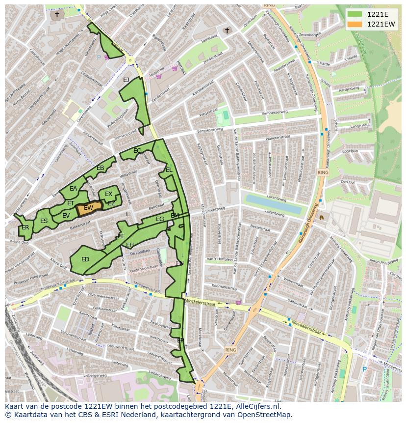 Afbeelding van het postcodegebied 1221 EW op de kaart.