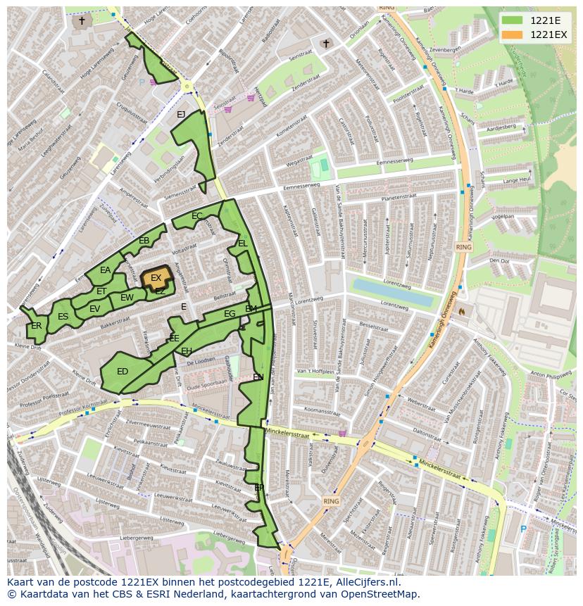 Afbeelding van het postcodegebied 1221 EX op de kaart.