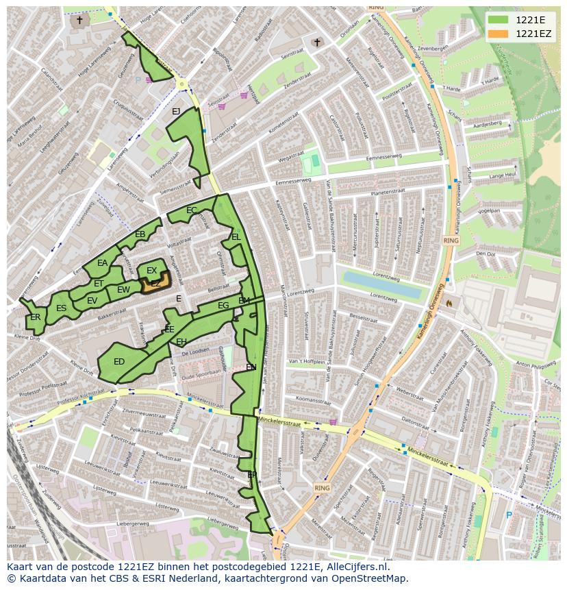 Afbeelding van het postcodegebied 1221 EZ op de kaart.