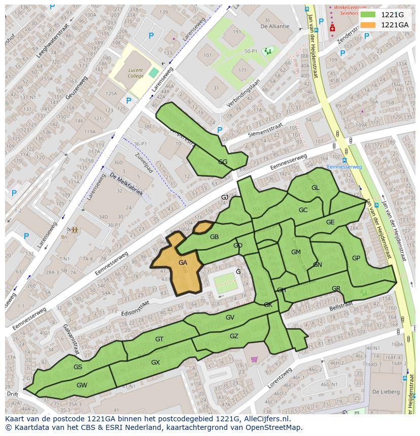 Afbeelding van het postcodegebied 1221 GA op de kaart.