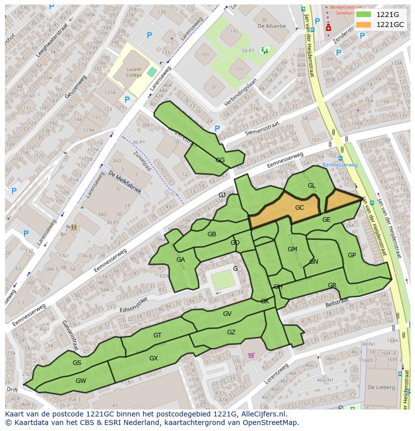 Afbeelding van het postcodegebied 1221 GC op de kaart.
