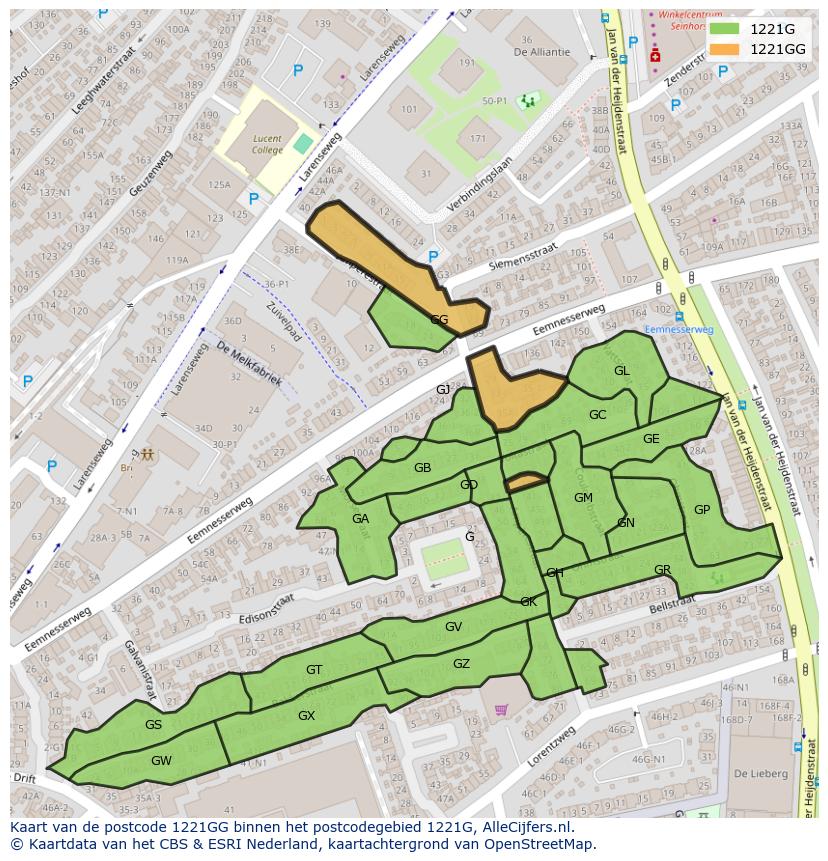 Afbeelding van het postcodegebied 1221 GG op de kaart.