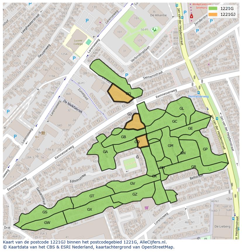 Afbeelding van het postcodegebied 1221 GJ op de kaart.