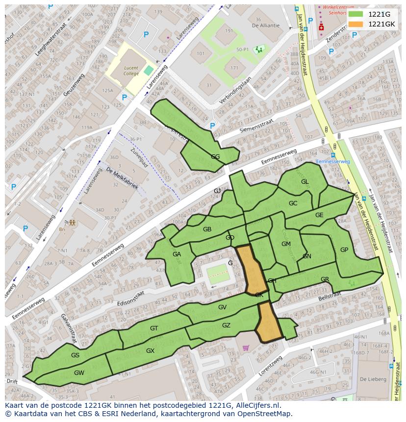 Afbeelding van het postcodegebied 1221 GK op de kaart.