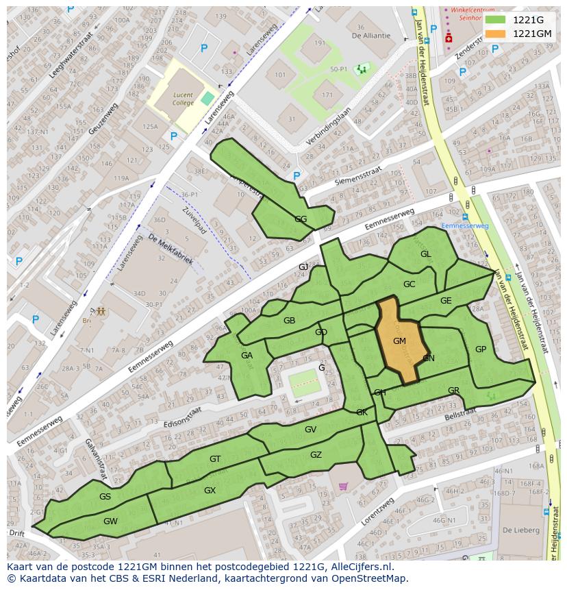 Afbeelding van het postcodegebied 1221 GM op de kaart.