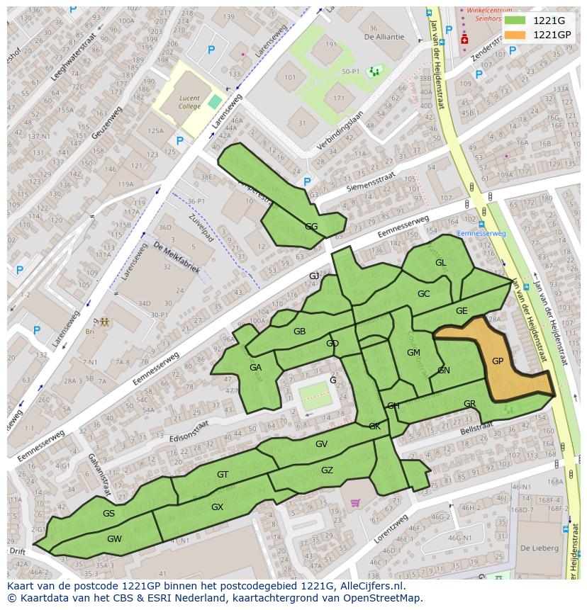 Afbeelding van het postcodegebied 1221 GP op de kaart.