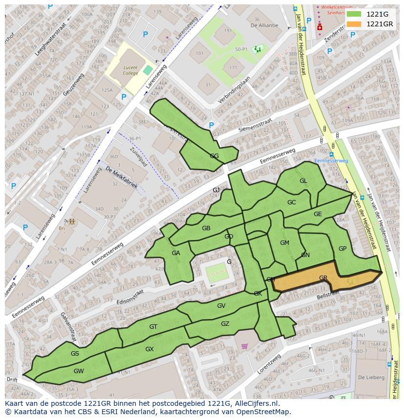 Afbeelding van het postcodegebied 1221 GR op de kaart.