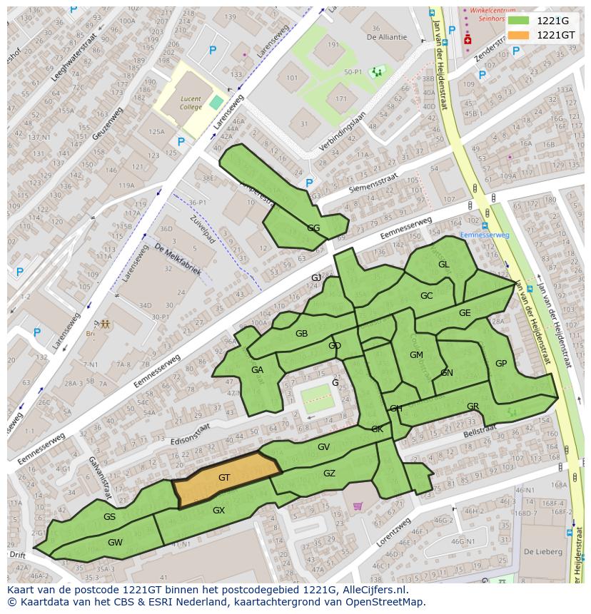 Afbeelding van het postcodegebied 1221 GT op de kaart.