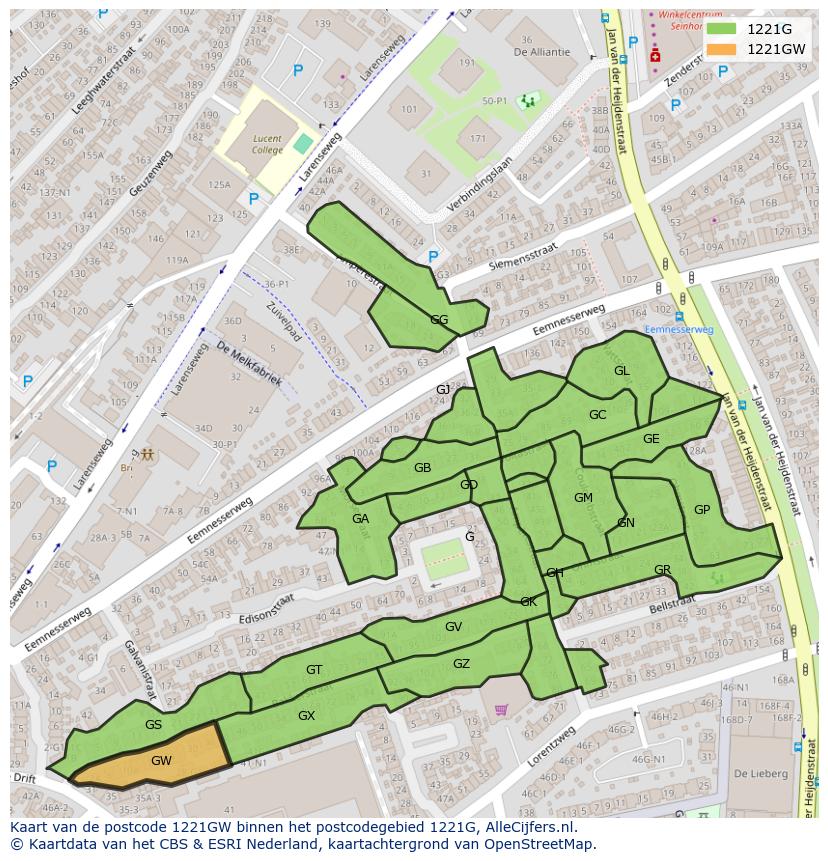 Afbeelding van het postcodegebied 1221 GW op de kaart.