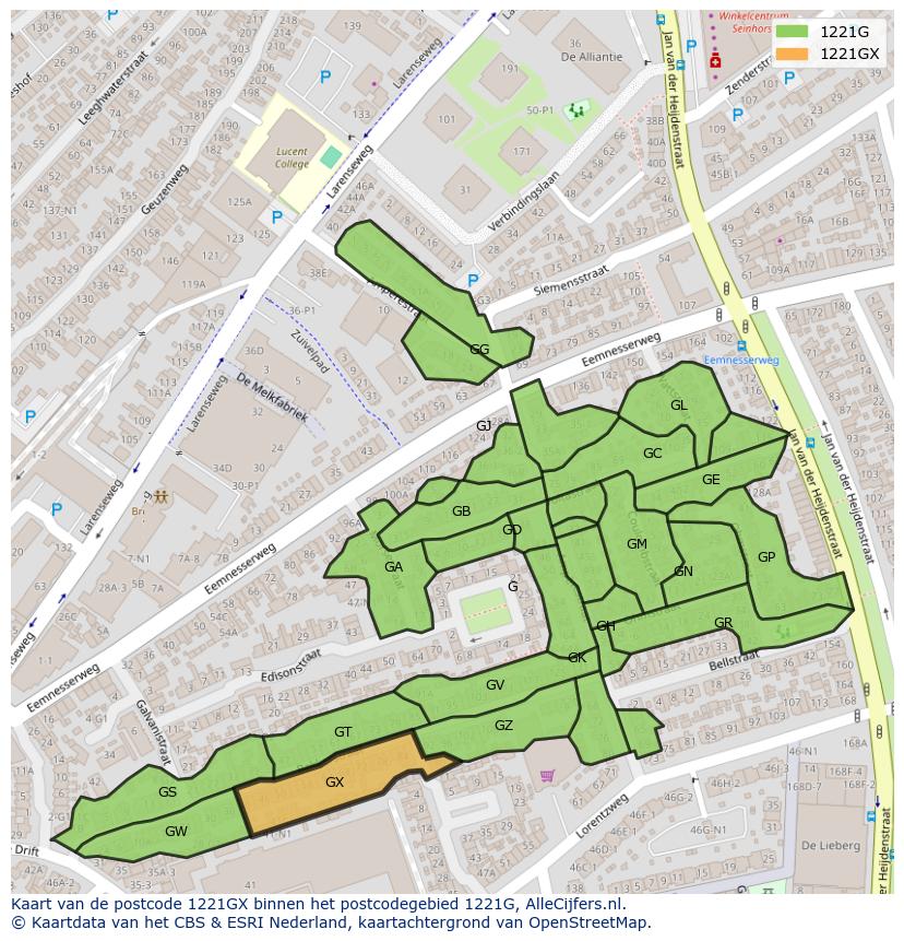 Afbeelding van het postcodegebied 1221 GX op de kaart.