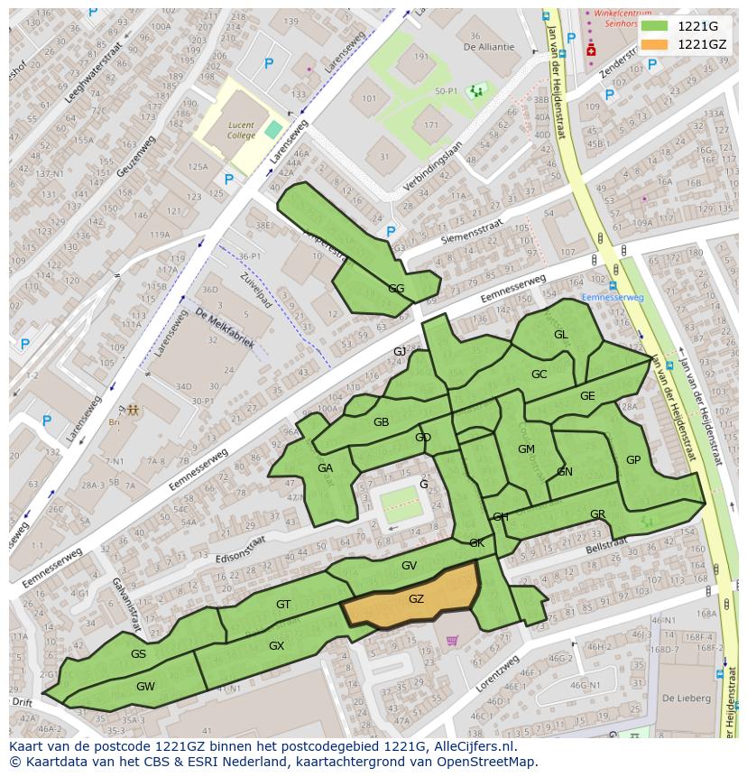 Afbeelding van het postcodegebied 1221 GZ op de kaart.