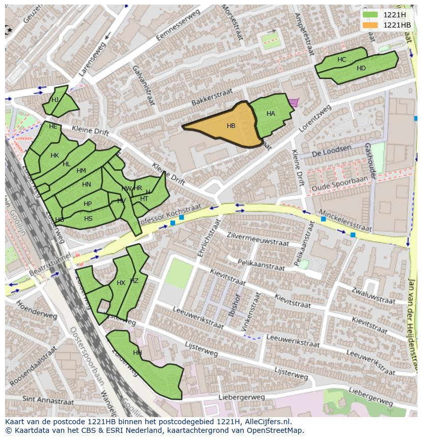 Afbeelding van het postcodegebied 1221 HB op de kaart.