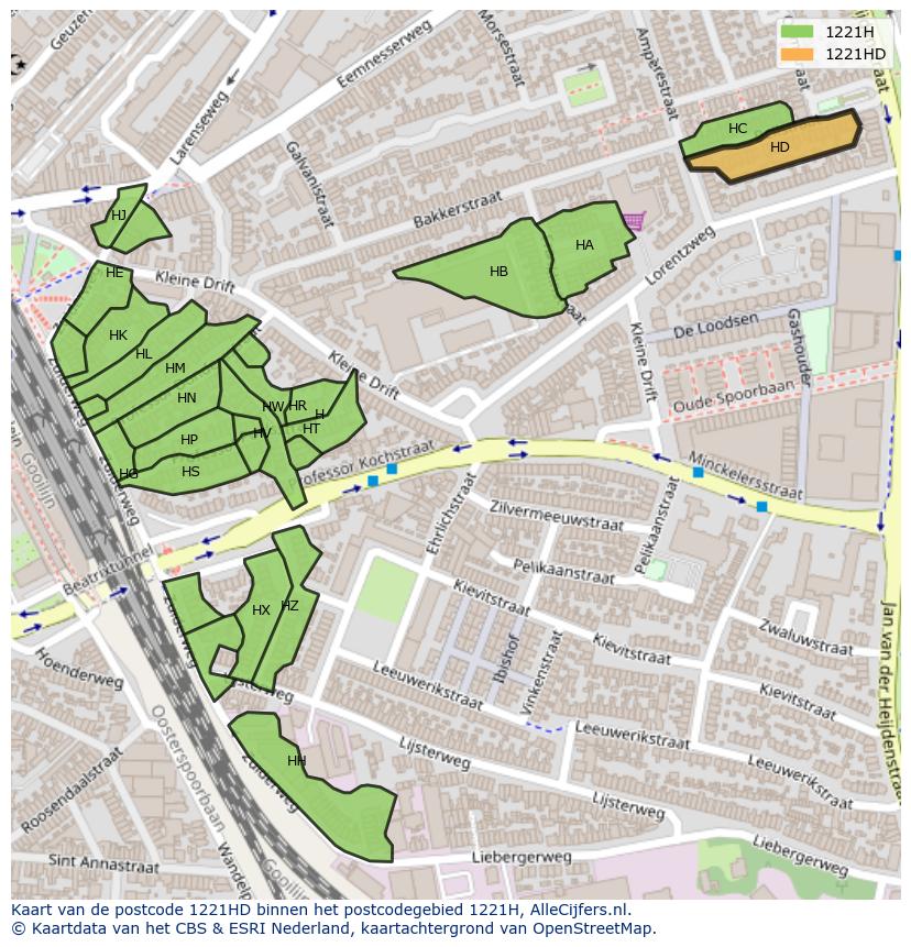 Afbeelding van het postcodegebied 1221 HD op de kaart.