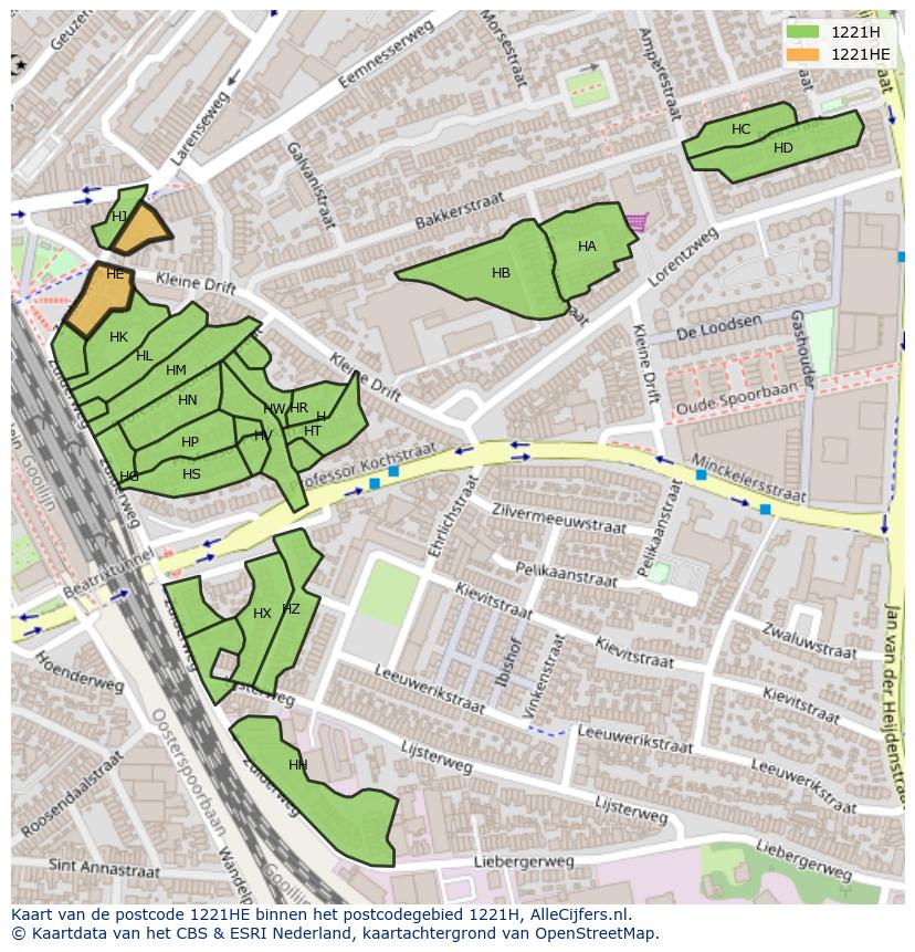 Afbeelding van het postcodegebied 1221 HE op de kaart.