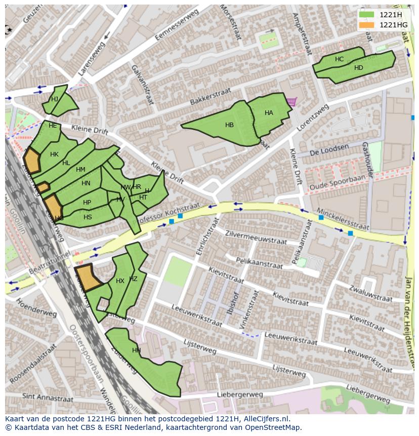 Afbeelding van het postcodegebied 1221 HG op de kaart.
