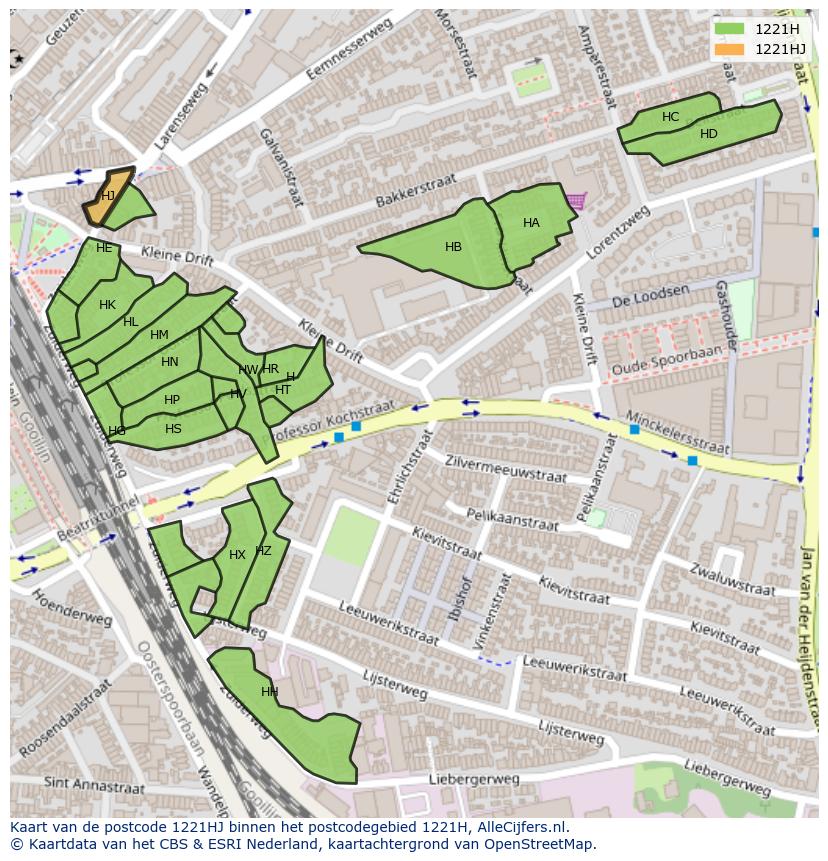 Afbeelding van het postcodegebied 1221 HJ op de kaart.