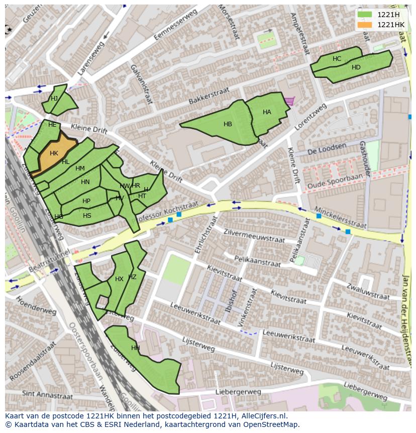 Afbeelding van het postcodegebied 1221 HK op de kaart.