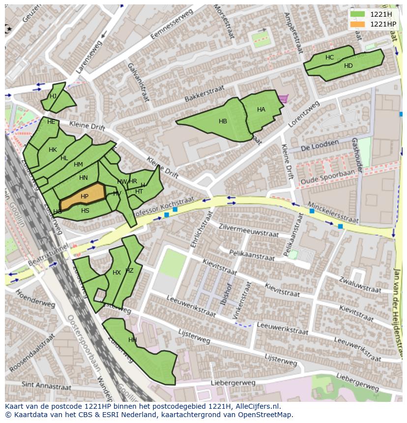 Afbeelding van het postcodegebied 1221 HP op de kaart.