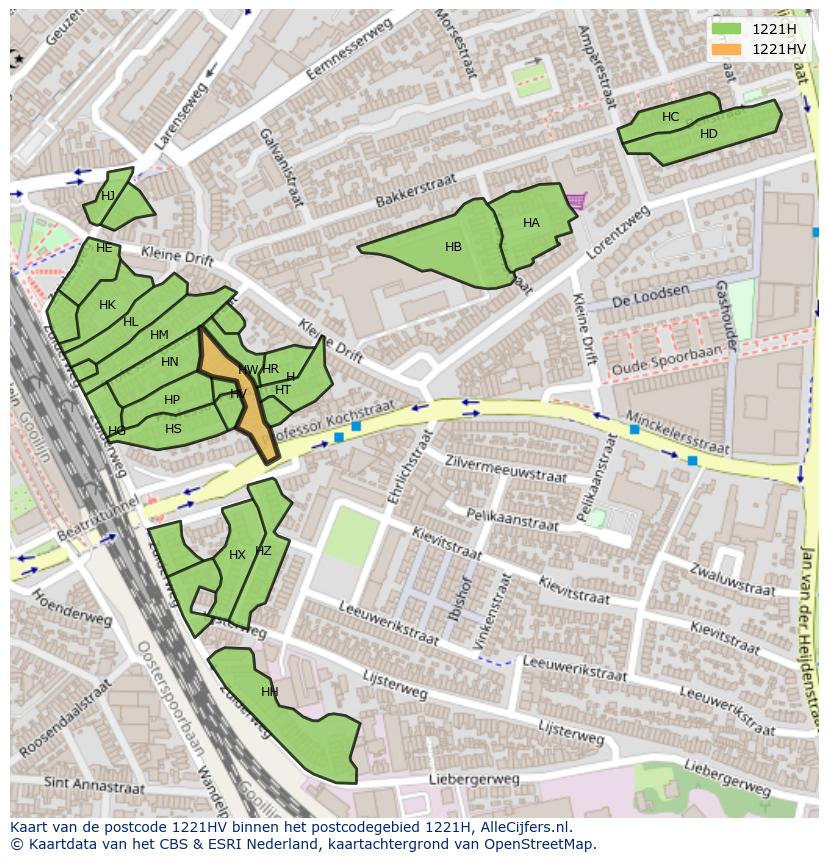 Afbeelding van het postcodegebied 1221 HV op de kaart.