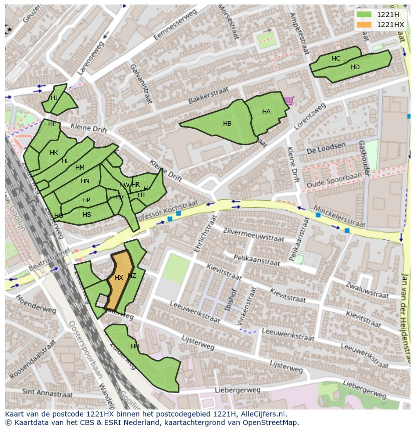 Afbeelding van het postcodegebied 1221 HX op de kaart.
