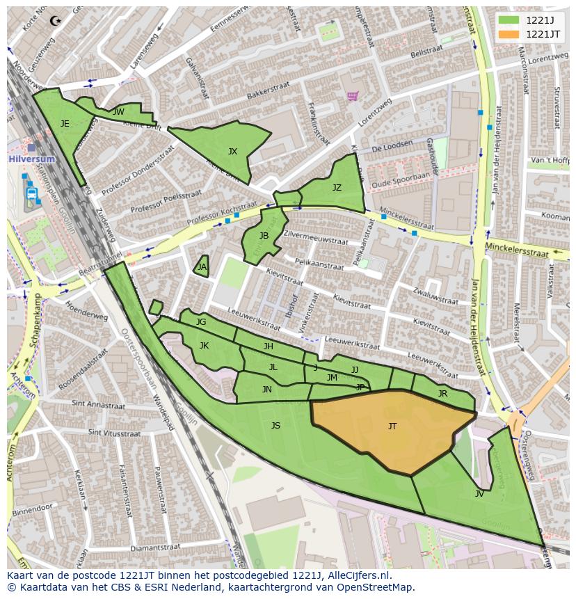 Afbeelding van het postcodegebied 1221 JT op de kaart.