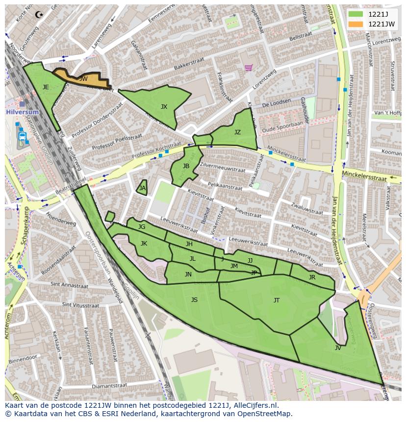 Afbeelding van het postcodegebied 1221 JW op de kaart.