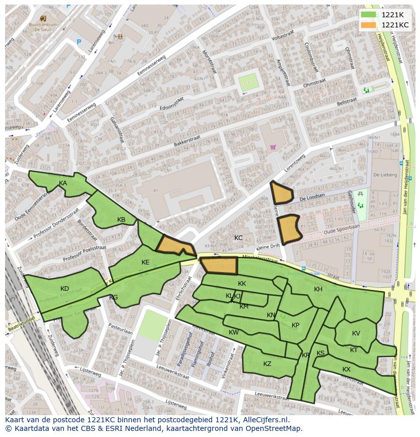 Afbeelding van het postcodegebied 1221 KC op de kaart.