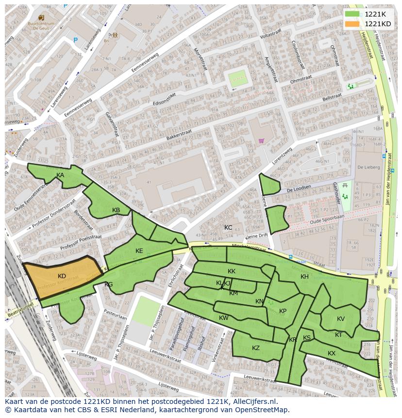 Afbeelding van het postcodegebied 1221 KD op de kaart.