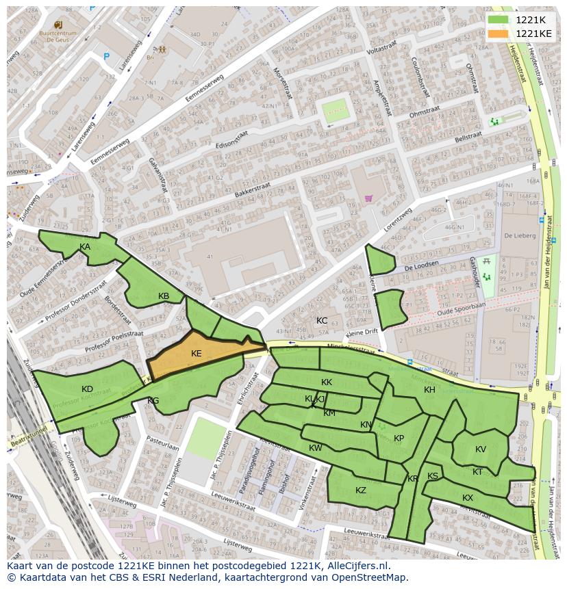 Afbeelding van het postcodegebied 1221 KE op de kaart.