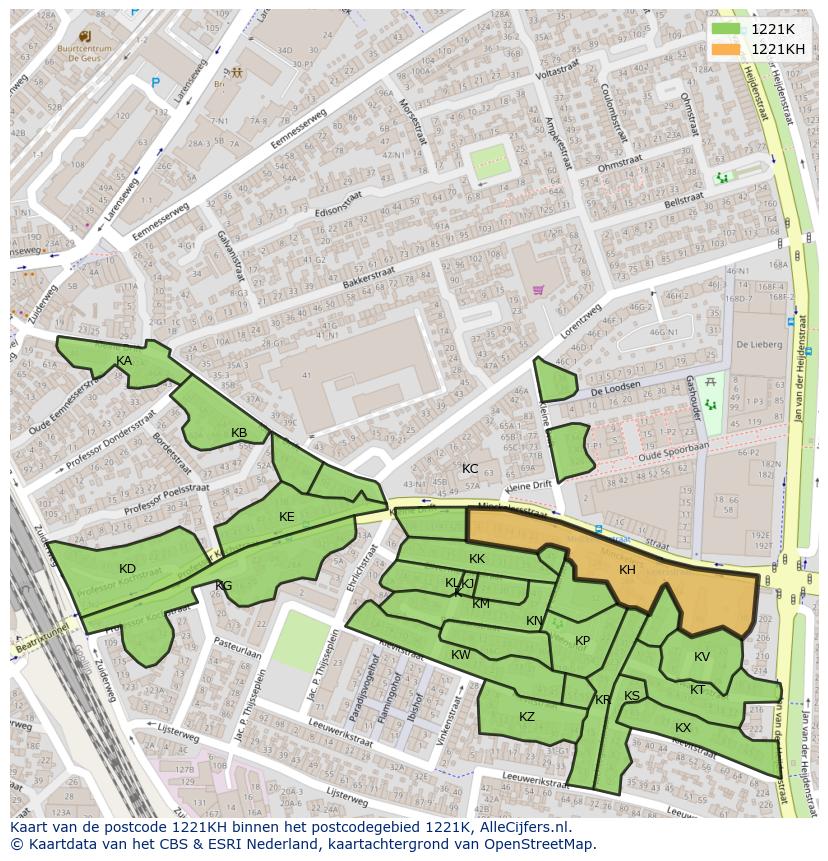 Afbeelding van het postcodegebied 1221 KH op de kaart.