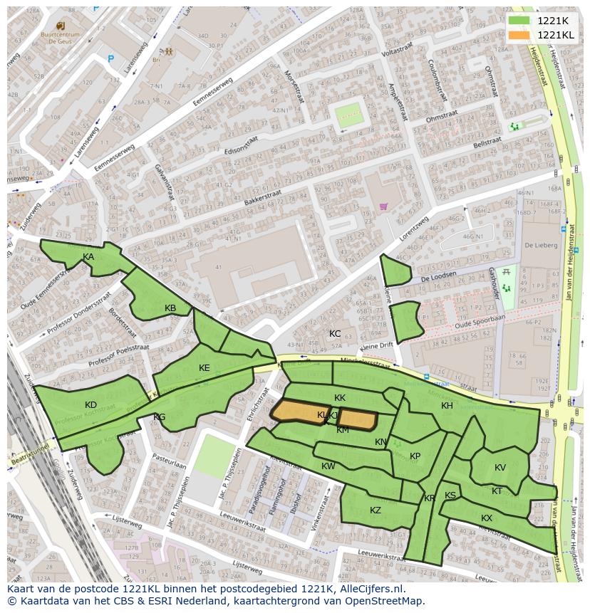 Afbeelding van het postcodegebied 1221 KL op de kaart.