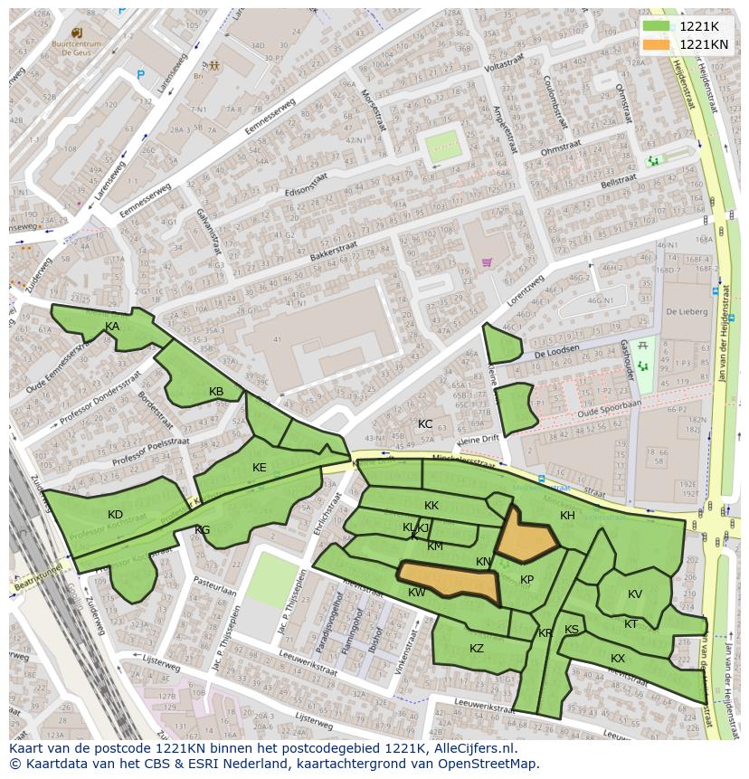 Afbeelding van het postcodegebied 1221 KN op de kaart.
