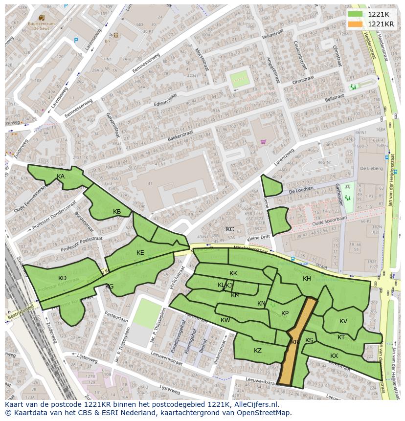 Afbeelding van het postcodegebied 1221 KR op de kaart.