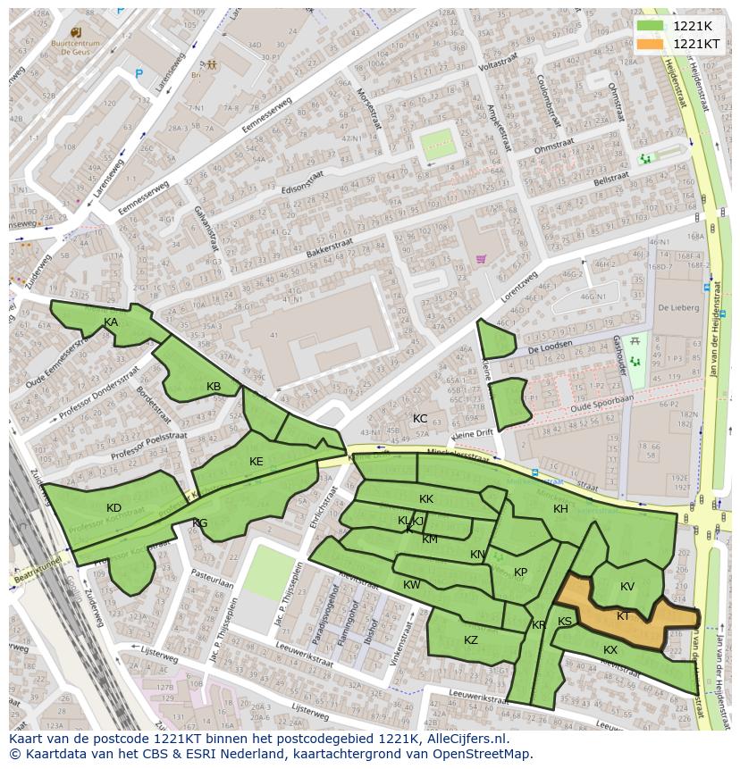 Afbeelding van het postcodegebied 1221 KT op de kaart.