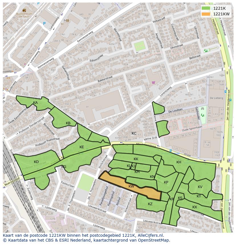Afbeelding van het postcodegebied 1221 KW op de kaart.