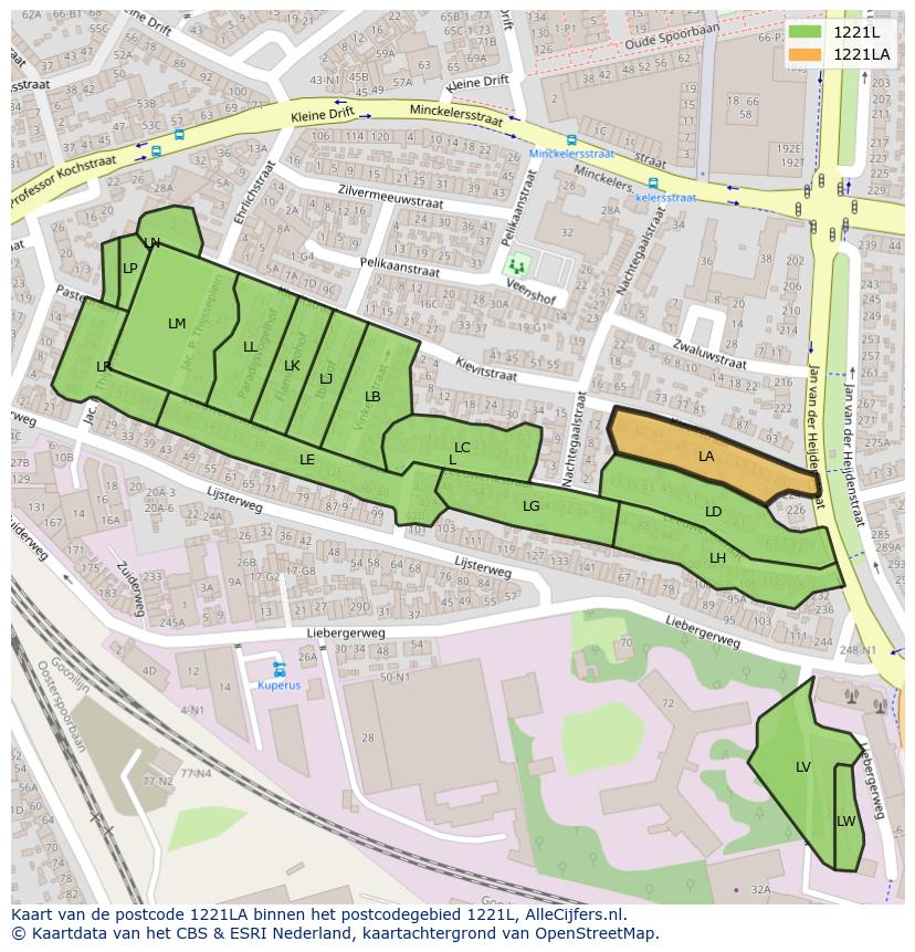 Afbeelding van het postcodegebied 1221 LA op de kaart.