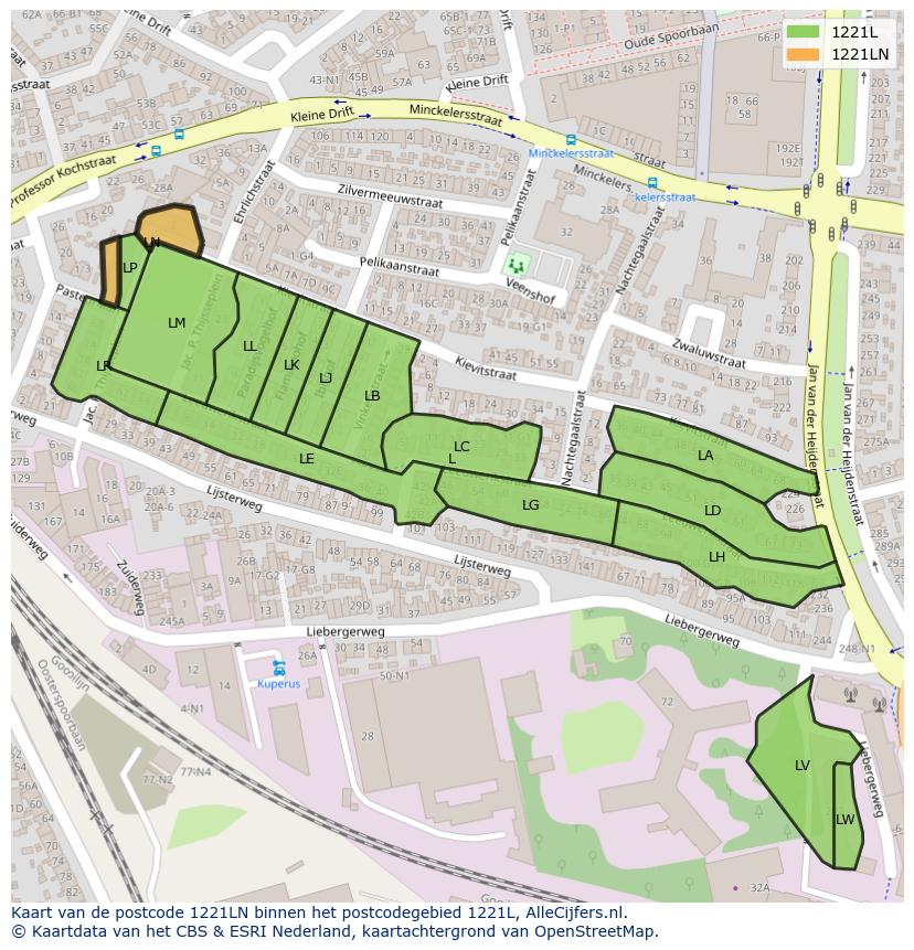 Afbeelding van het postcodegebied 1221 LN op de kaart.