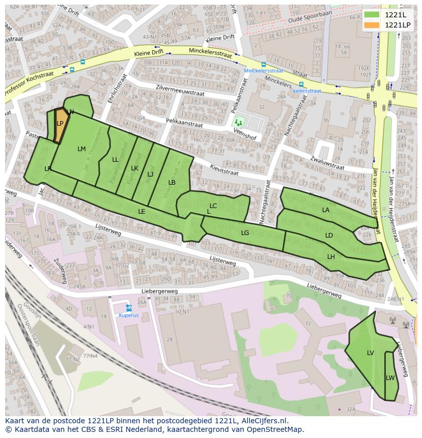 Afbeelding van het postcodegebied 1221 LP op de kaart.