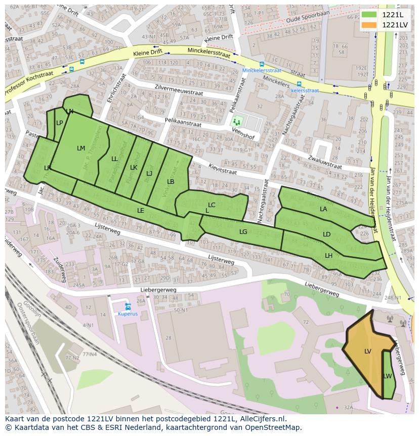 Afbeelding van het postcodegebied 1221 LV op de kaart.